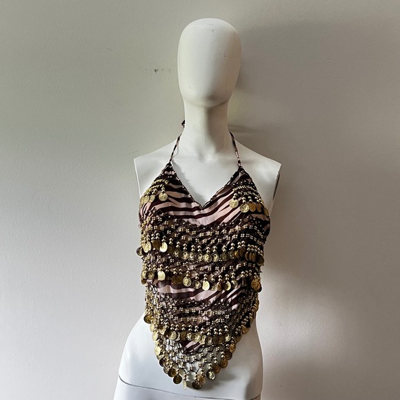 Tops - Y2K Zebra Coin Beaded Halter Top Belly Dance Boho Festival Handkerchief